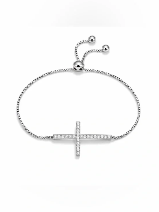 NWOT BS925 Sterling Silver Rhodium CZ Pavé Sideways Cross Adjustable Bolo Bracel - Picture 4 of 8